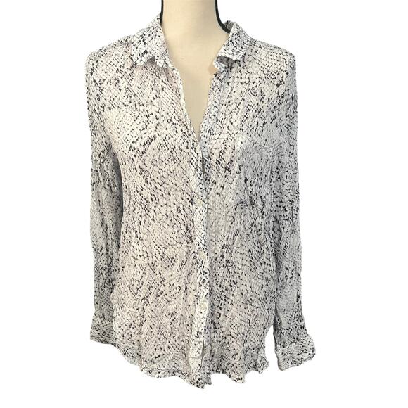 Cloth & Stone Womens White Black Reptile Print Sheer Button Up Tunic Blouse Sz L - Picture 2 of 5